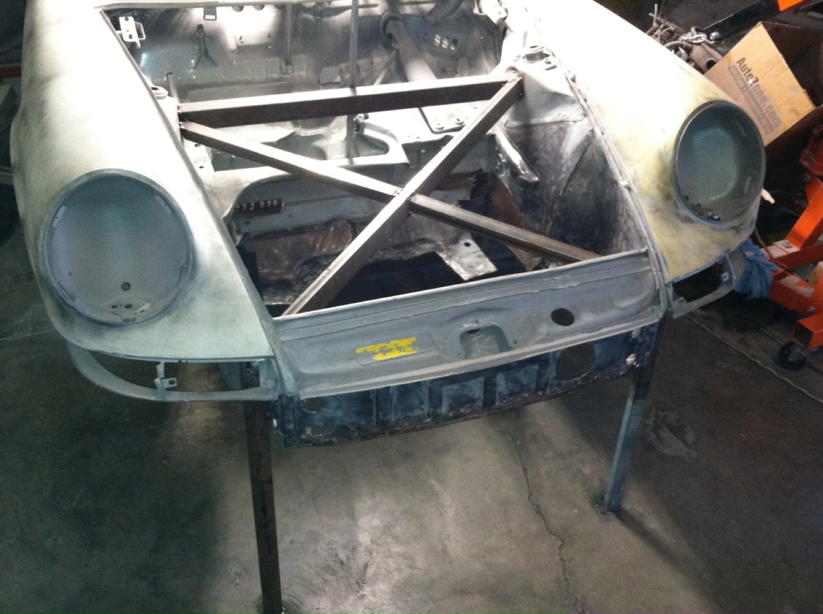 The bare 912 shell on stands, front end opened up
